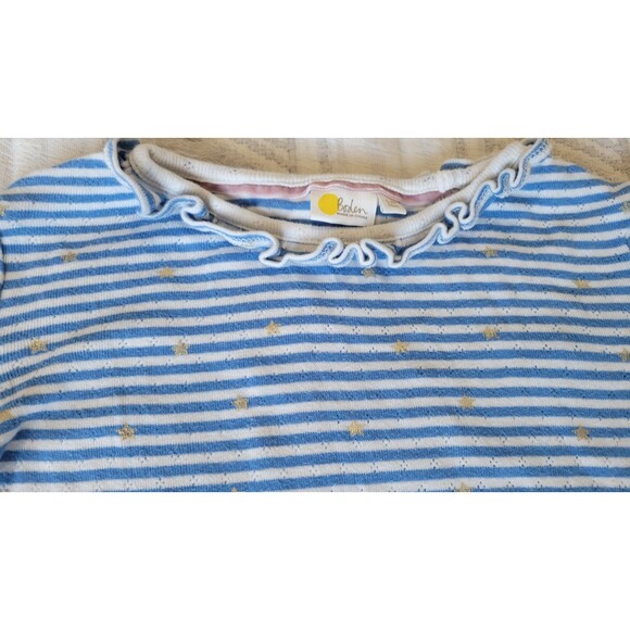 Boden Girls 5-6Y Striped Long Sleeve Top Blue White Gold Stars Ruffle Trim Cotto - Picture 2 of 8